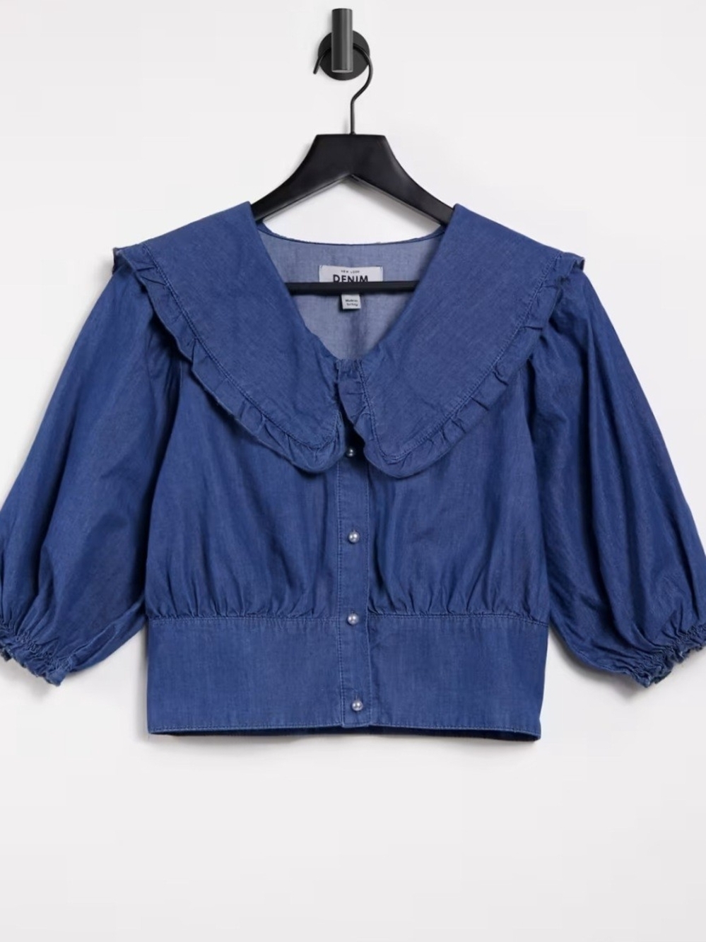 New Look Blue Ruffle-Collar Button Front Denim Top - Picture 6 of 9